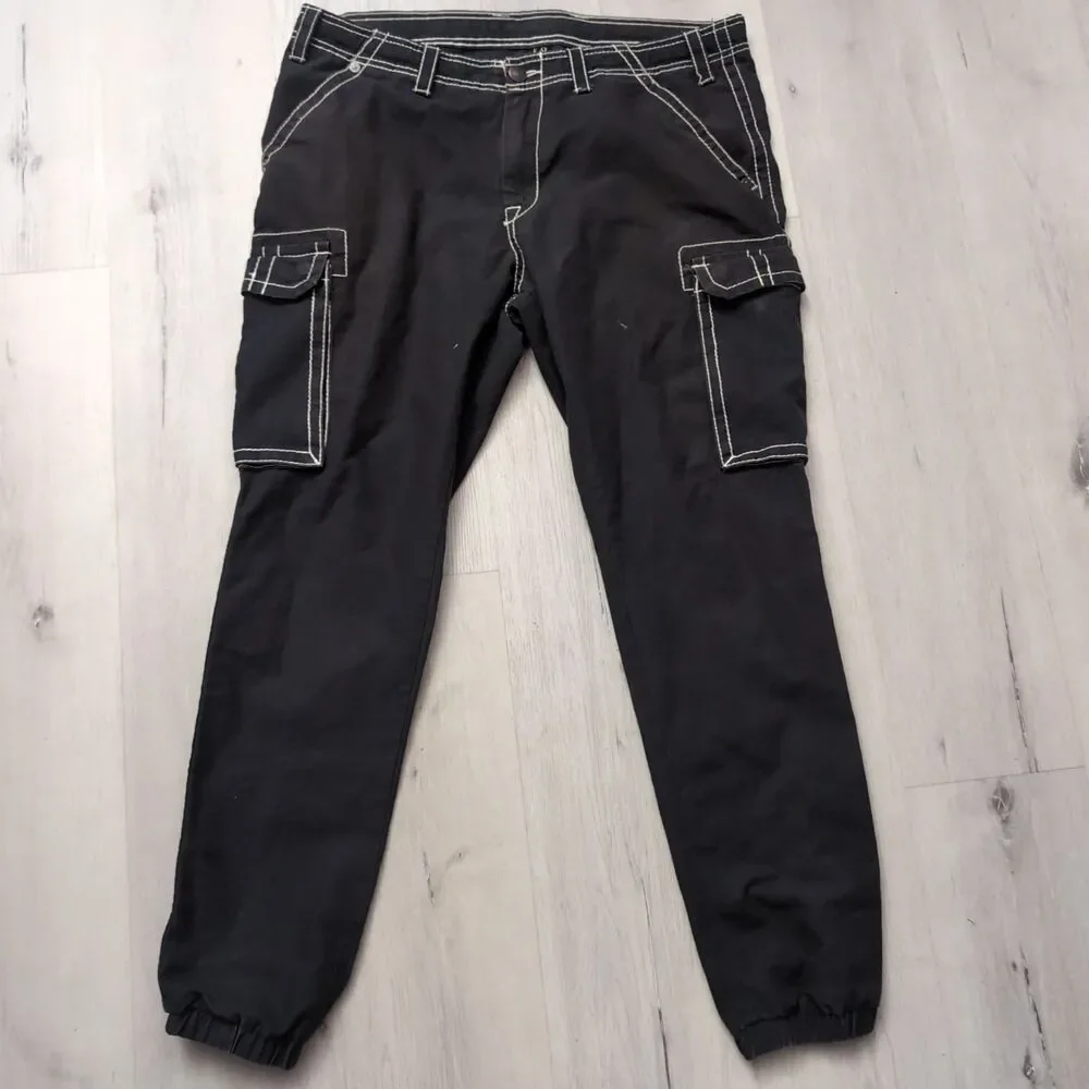 True Religion Mens Baggy Big T Denim Cargo Pant 34 Black Contrast Stitch Casual